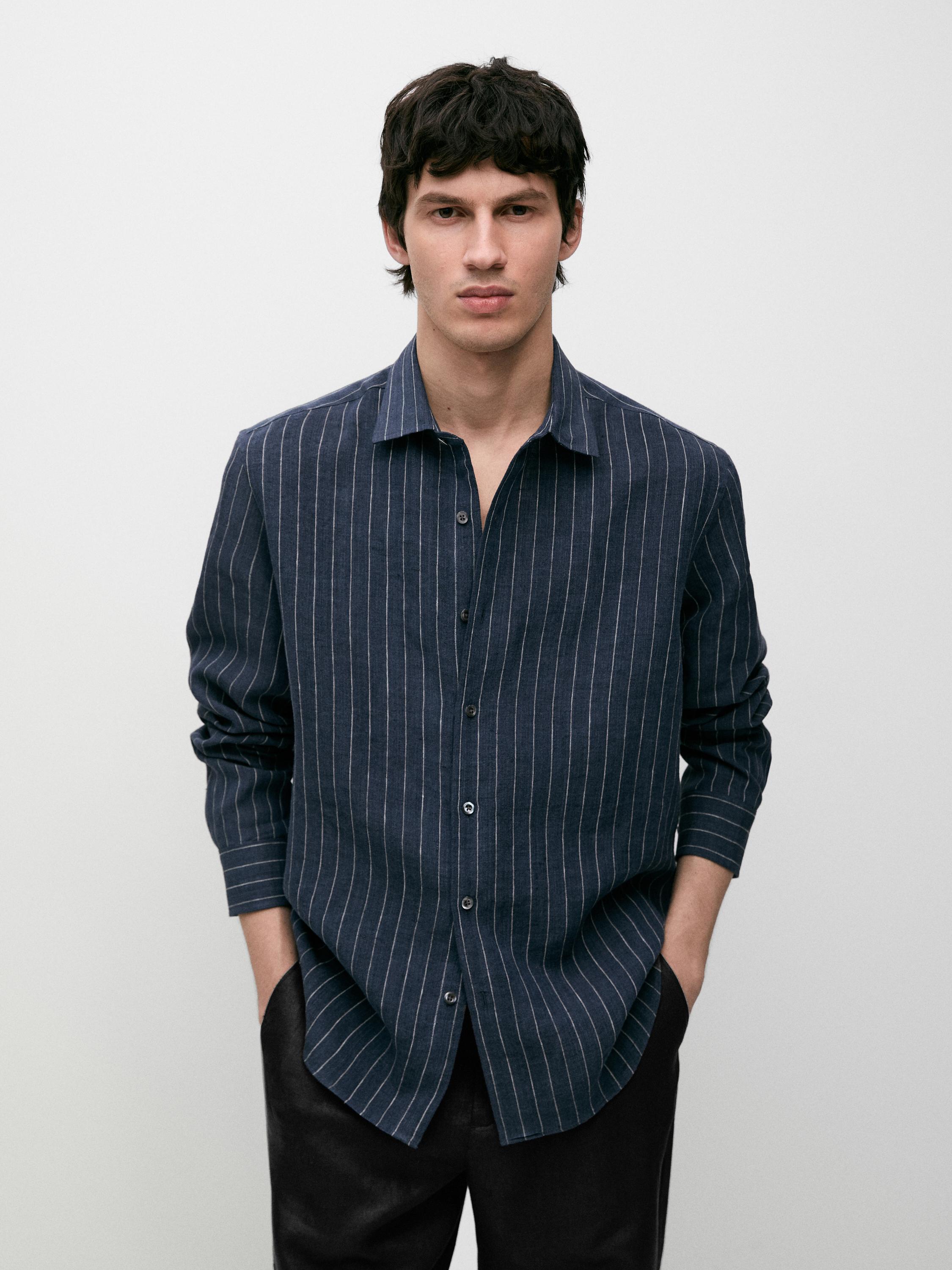 100% linen slim fit striped shirt